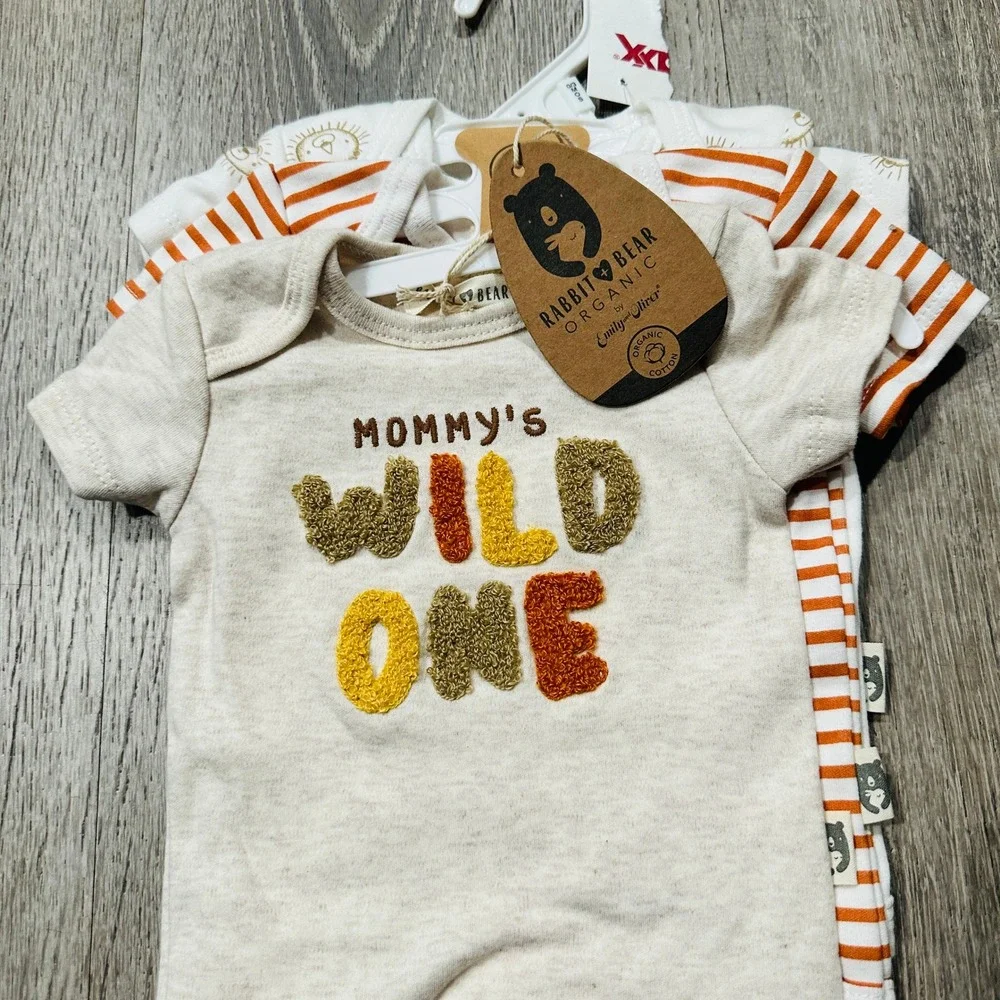 Rabbit + Bear Organic 3 Pack Bodysuits 0-3M Orange White Lion Wild One NWT